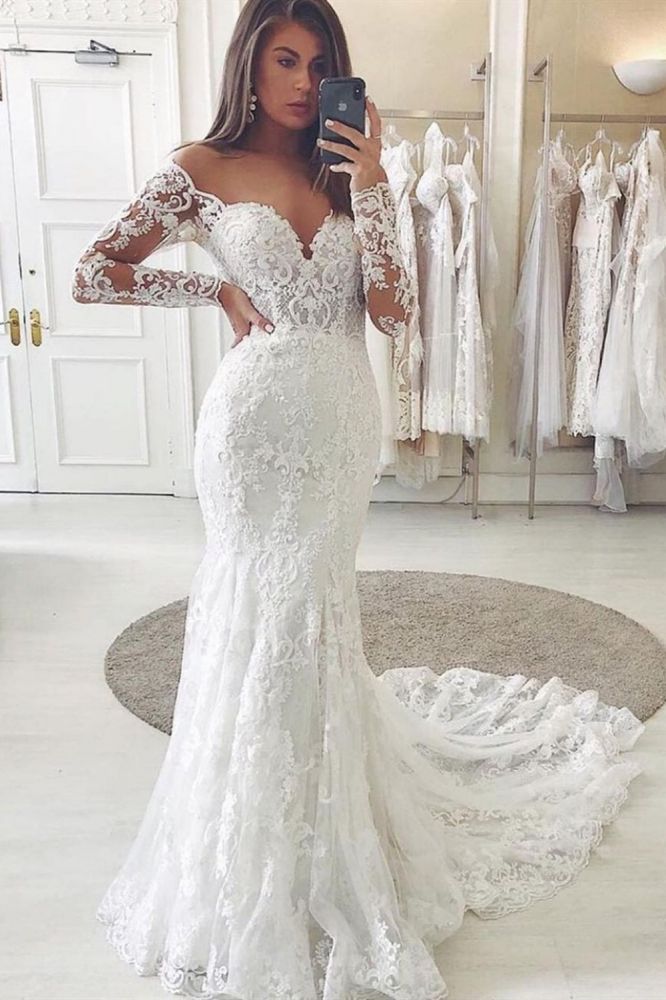 Charming Lace Appliques Mermaid Wedding Gown Long Sleeves Sweetheart Bridal Dress