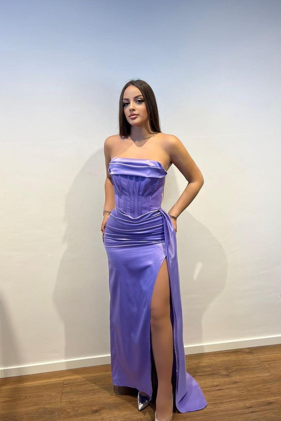 Charming Long Purple Strapless Satin Dress with Split Front and Ruffles