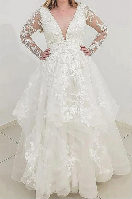 Charming Long Sleeves V-Neck A-Line Garden Lace Wedding Dress