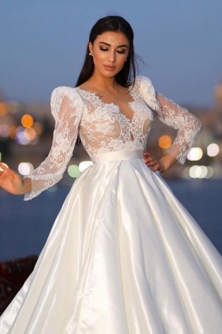 Charming Long Sleeves V-neck Satin Bridal Gown with Intricate Lace Detail