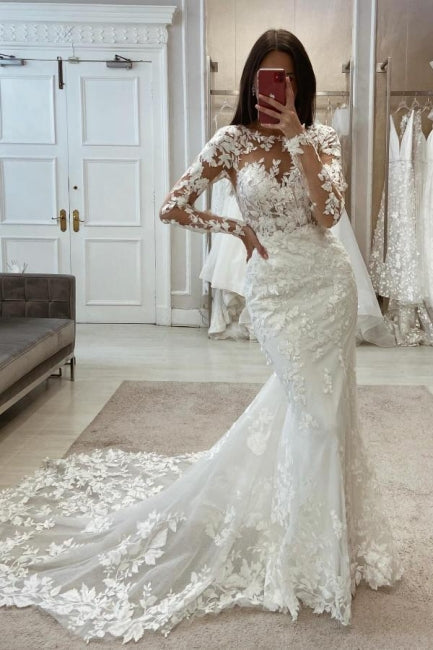 Enchanting Long White Mermaid Lace Wedding Gown with Elegant Long Sleeves