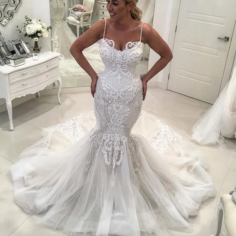 Charming Spaghetti Straps Lace Wedding DressesNew Arrival Mermaid Long Tulle Bridal Gowns