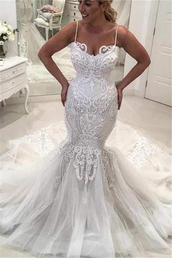 Charming Spaghetti Straps Lace Wedding DressesNew Arrival Mermaid Long Tulle Bridal Gowns