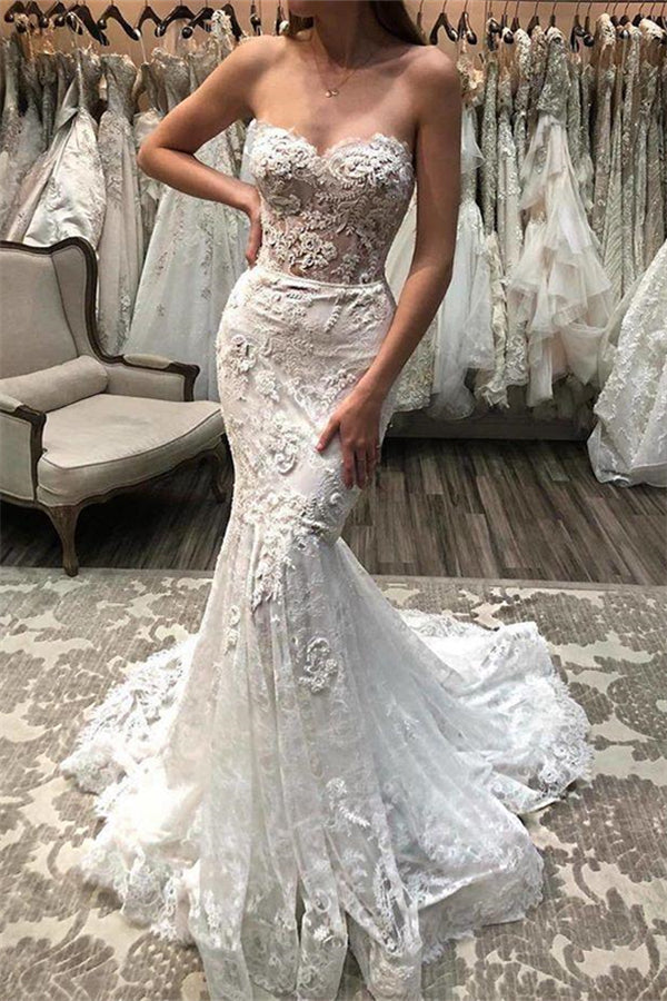 Charming Sweetheart Lace Applique Mermaid Wedding Dress New Arrival Bridal Gowns