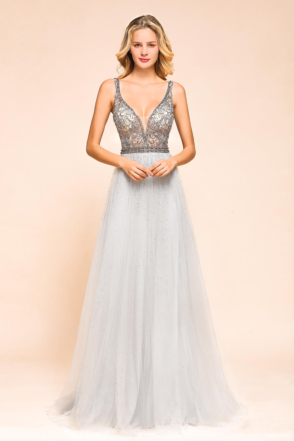 Charming V-Neck Tulle Long Prom Dress With Crystals On Sale