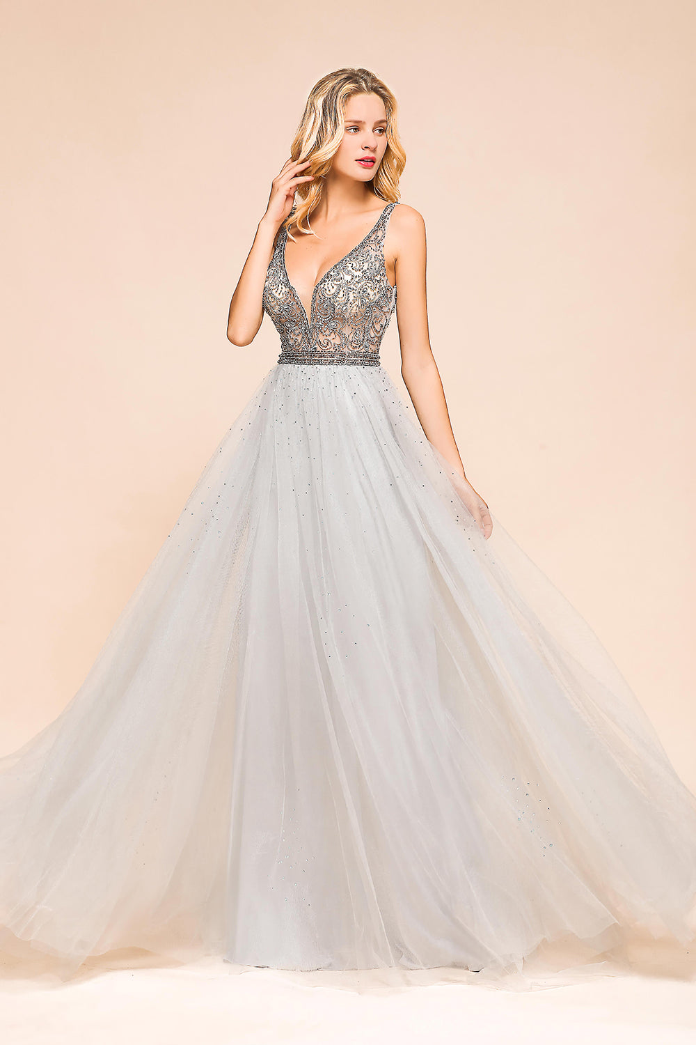 Charming V-Neck Tulle Long Prom Dress With Crystals On Sale