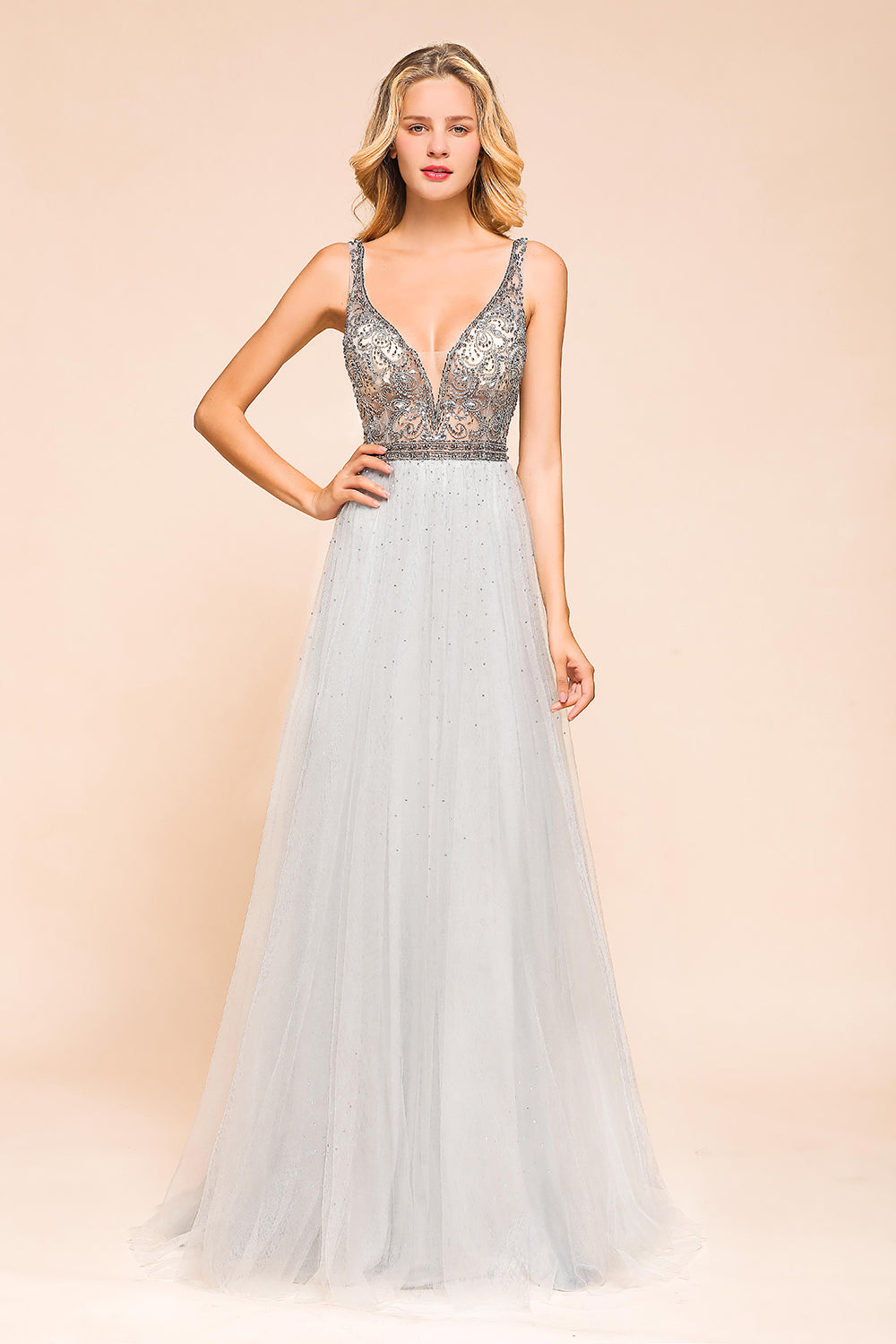 Charming V-Neck Tulle Long Prom Dress With Crystals On Sale