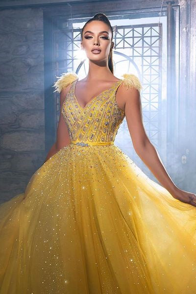 Charming Yellow Sequins Sleeveless Long A-line Prom Dress With Beads