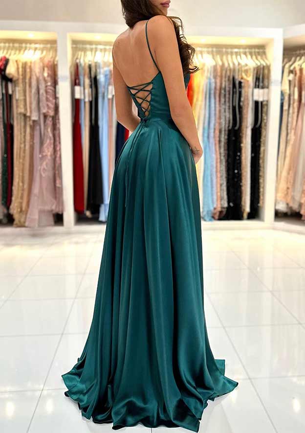 Chic A-Line Square Neckline Spaghetti Straps Sweep Train Charmeuse Prom Dress/Evening Dress with Split