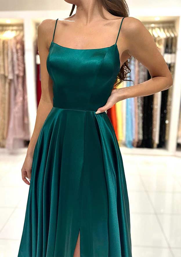 Chic A-Line Square Neckline Spaghetti Straps Sweep Train Charmeuse Prom Dress/Evening Dress with Split