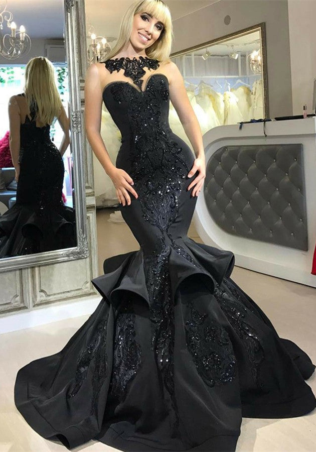 Chic Black Mermaid Prom Party GownsLong Sequins Ruffles Party Gowns