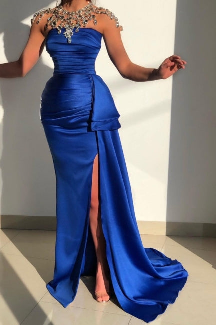 Chic Blue Strapless Sleeveless Mermaid Satin Evening Dresses