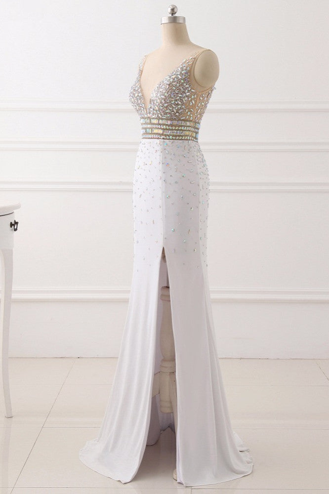 Chic Chiffon V-Neck Rhinestones Prom Dresses with Front Slit On Sale