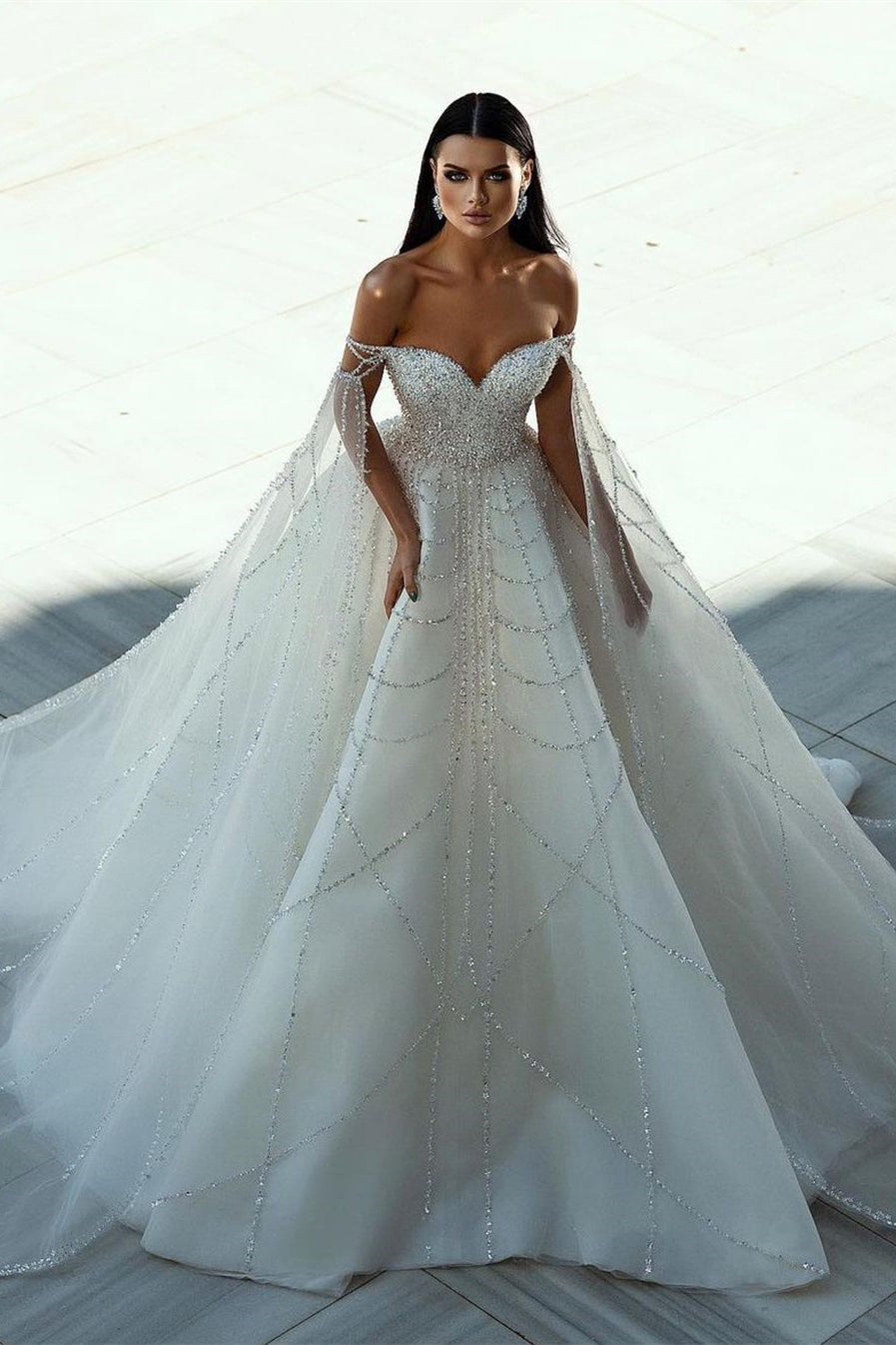 Stylish Floor-Length Sweetheart Off-The-Shoulder A-Line Sequined Bridal Dress