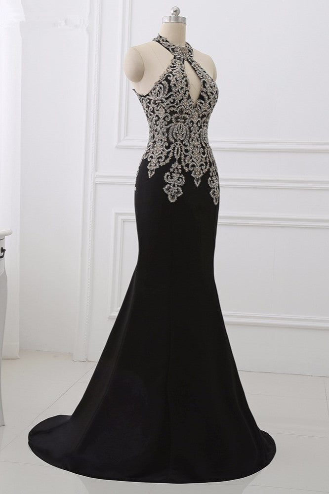 Chic High-Neck Sleeveless Black Mermaid Prom Dresses with Appliques Beadings