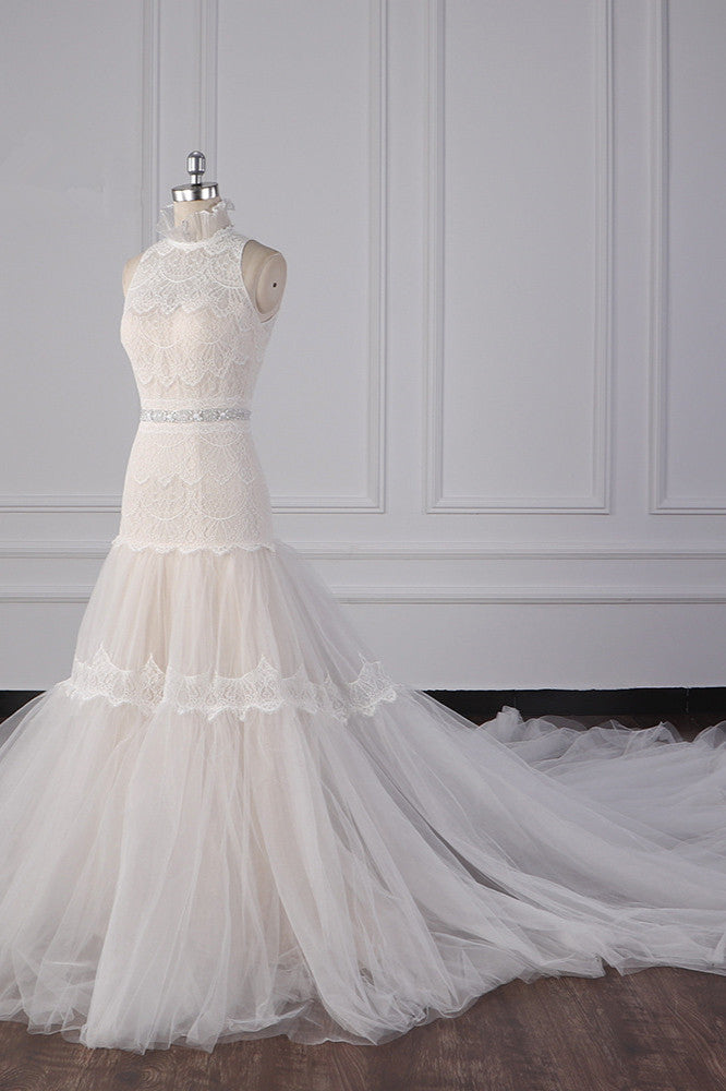 Chic High-Neck Tulle Lace Wedding Dress Appliques Sleeveless Bridal Gowns with Beading Sashes