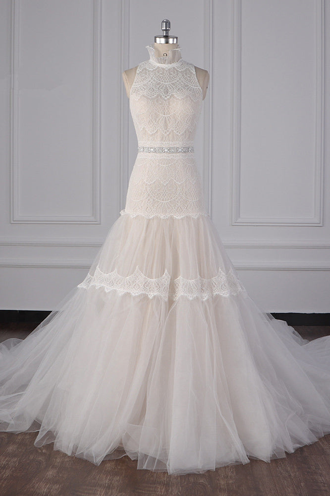 Chic High-Neck Tulle Lace Wedding Dress Appliques Sleeveless Bridal Gowns with Beading Sashes