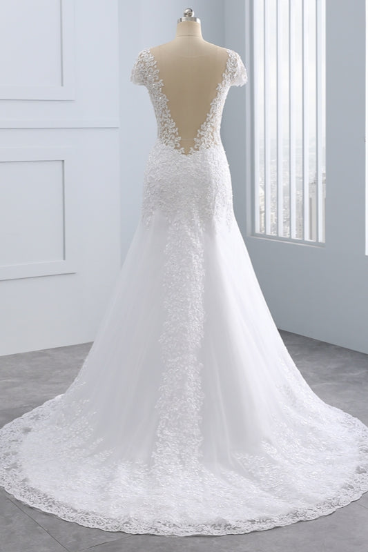 Chic Jewel Mermaid Tulle Lace Wedding Dress Short-Sleeves Beadings Appliques Bridal Gowns On Sale