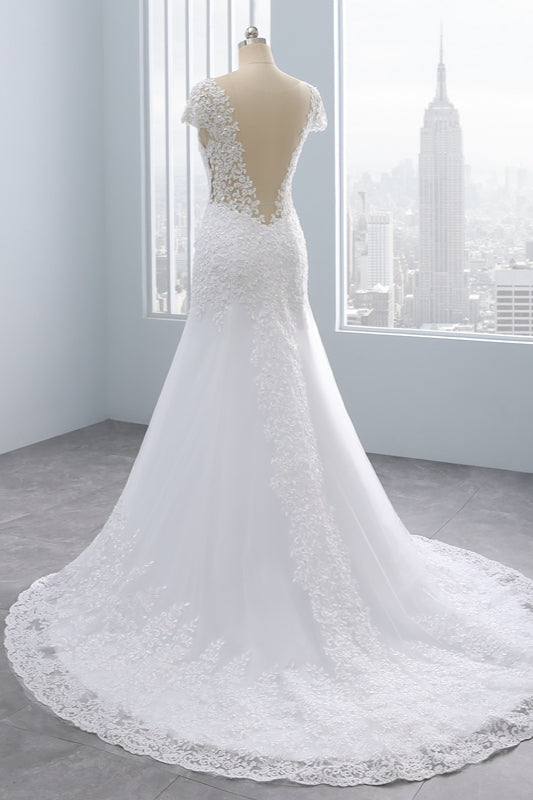 Chic Jewel Mermaid Tulle Lace Wedding Dress Short-Sleeves Beadings Appliques Bridal Gowns On Sale