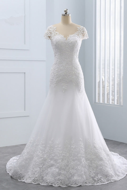 Chic Jewel Mermaid Tulle Lace Wedding Dress Short-Sleeves Beadings Appliques Bridal Gowns On Sale