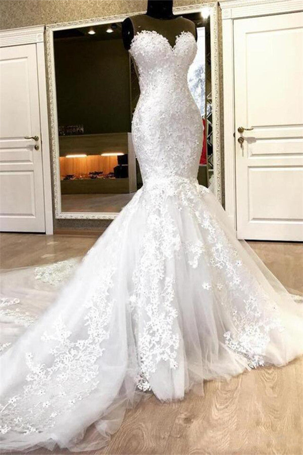 Chic Jewel Sleeveless White Wedding Dresses With Appliques Mermaid Lace Bridal Gowns