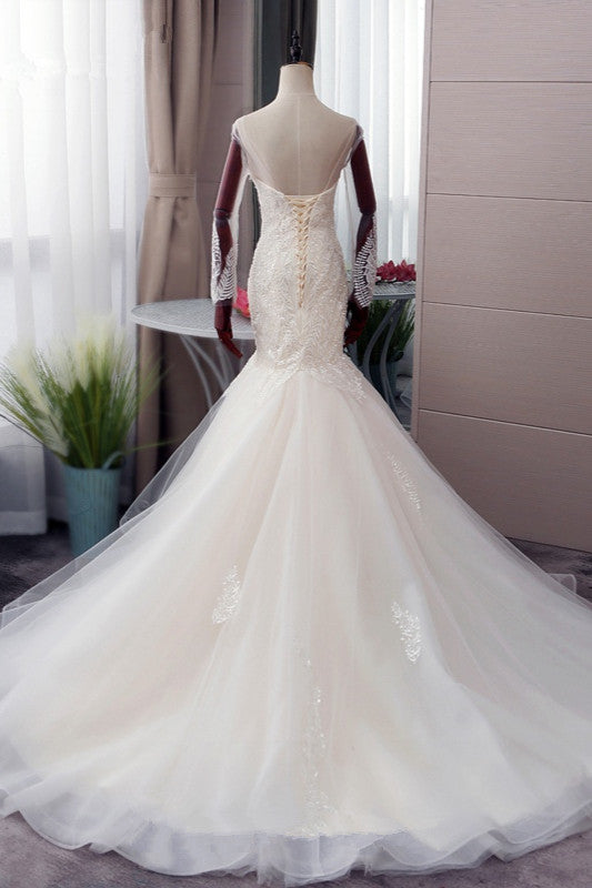 Chic Jewel Tulle Mermaid Lace Wedding Dress Pearls Appliques Long Sleeves Bridal Gowns