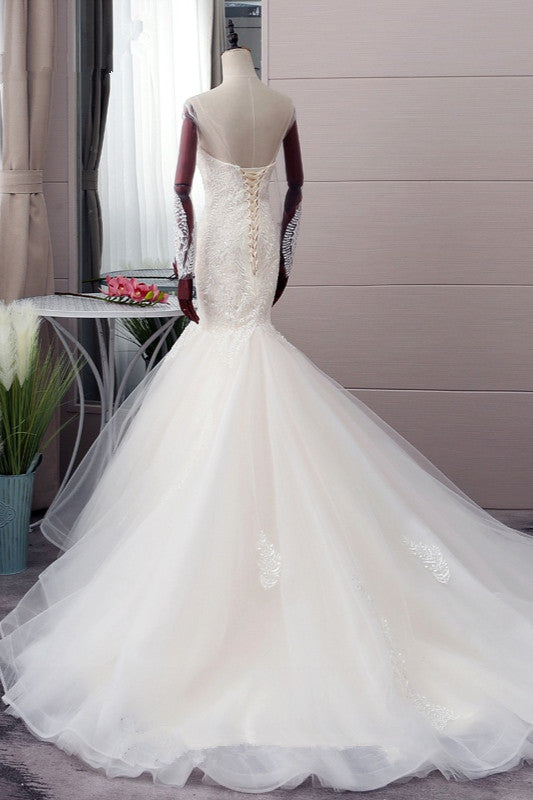 Chic Jewel Tulle Mermaid Lace Wedding Dress Pearls Appliques Long Sleeves Bridal Gowns