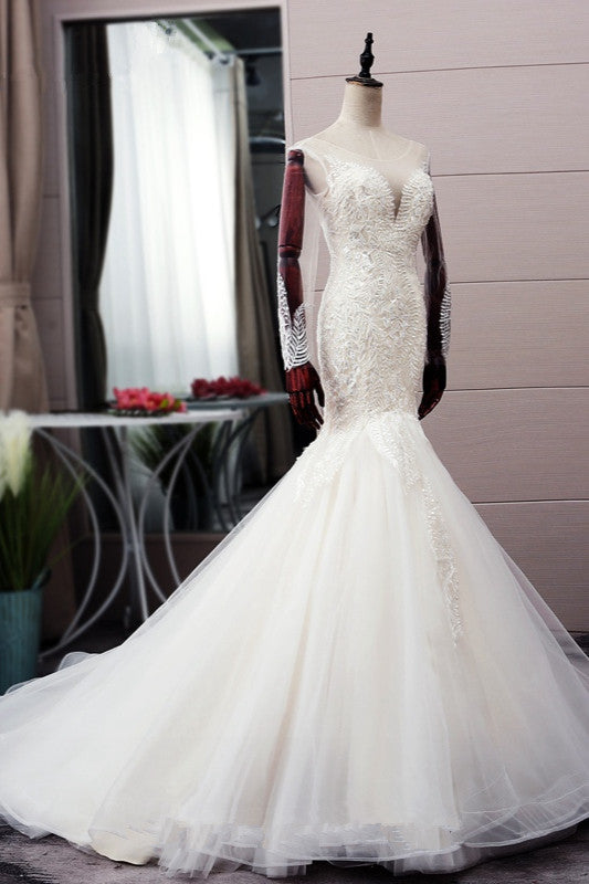 Chic Jewel Tulle Mermaid Lace Wedding Dress Pearls Appliques Long Sleeves Bridal Gowns