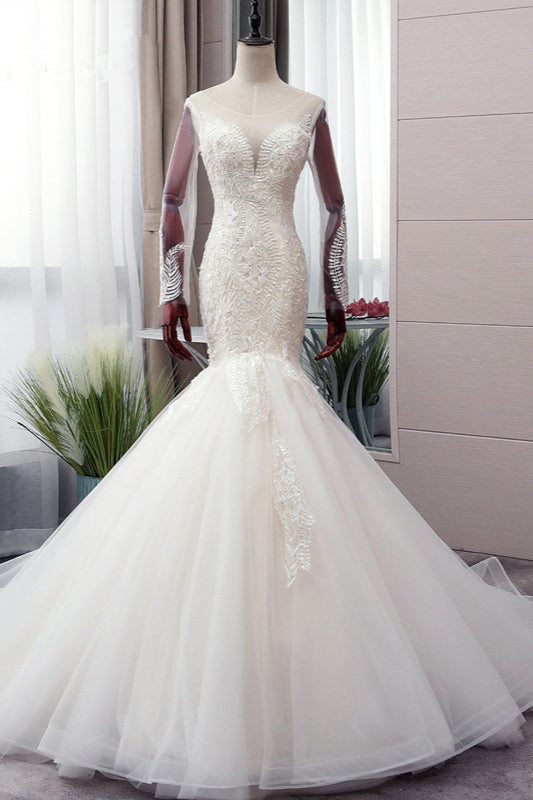 Chic Jewel Tulle Mermaid Lace Wedding Dress Pearls Appliques Long Sleeves Bridal Gowns