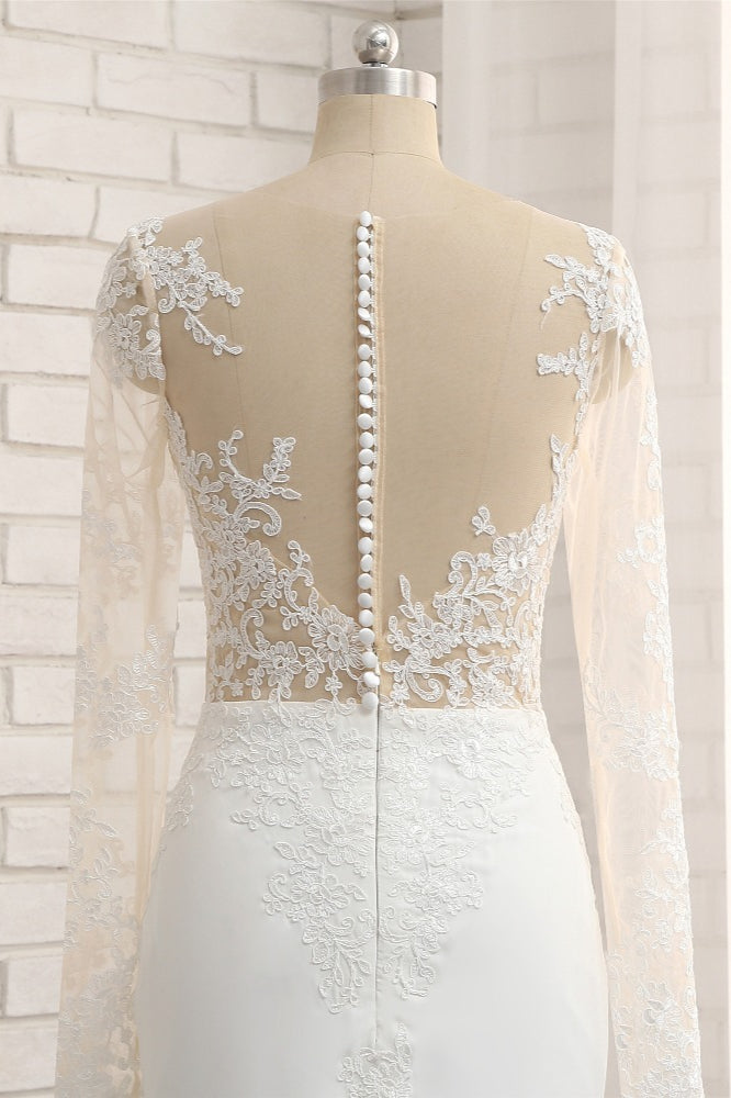 Chic Jewel White Chiffon Lace Wedding Dress Long Sleeves Applqiues Bridal Gowns On Sale