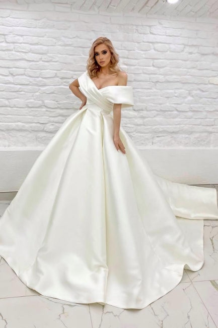 Stylish Long A-Line Off-the-Shoulder Ivory Elegant Sleeveless Bridal Dress