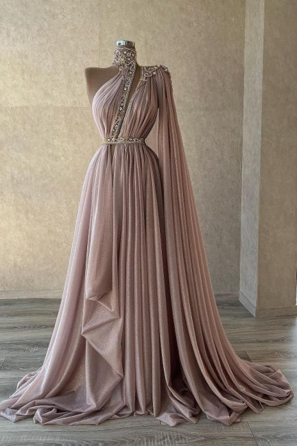 Chic Long Dusty Pink High Neck Lace Prom Dress with Sparkling Glitter