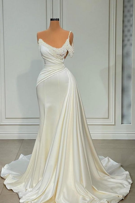 Chic Long Ivory Mermaid One-Shoulder Sleeveless Wedding Gown with Lustrous Pearls