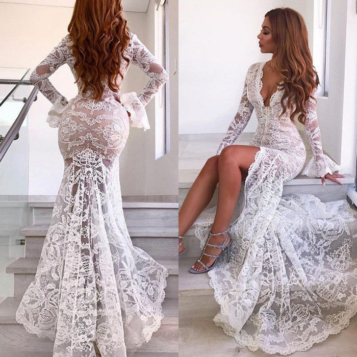 Chic Long Sleeves V-Neck Prom Party Gowns| Lace Evening Party Dress With Slit