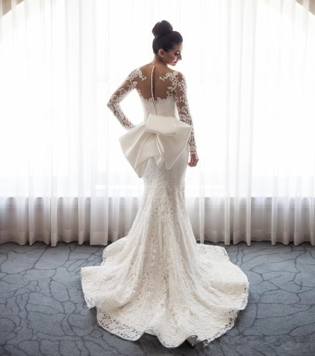 Chic Long Lace Mermaid Wedding Dress with Detachable Train and Long Sleeves