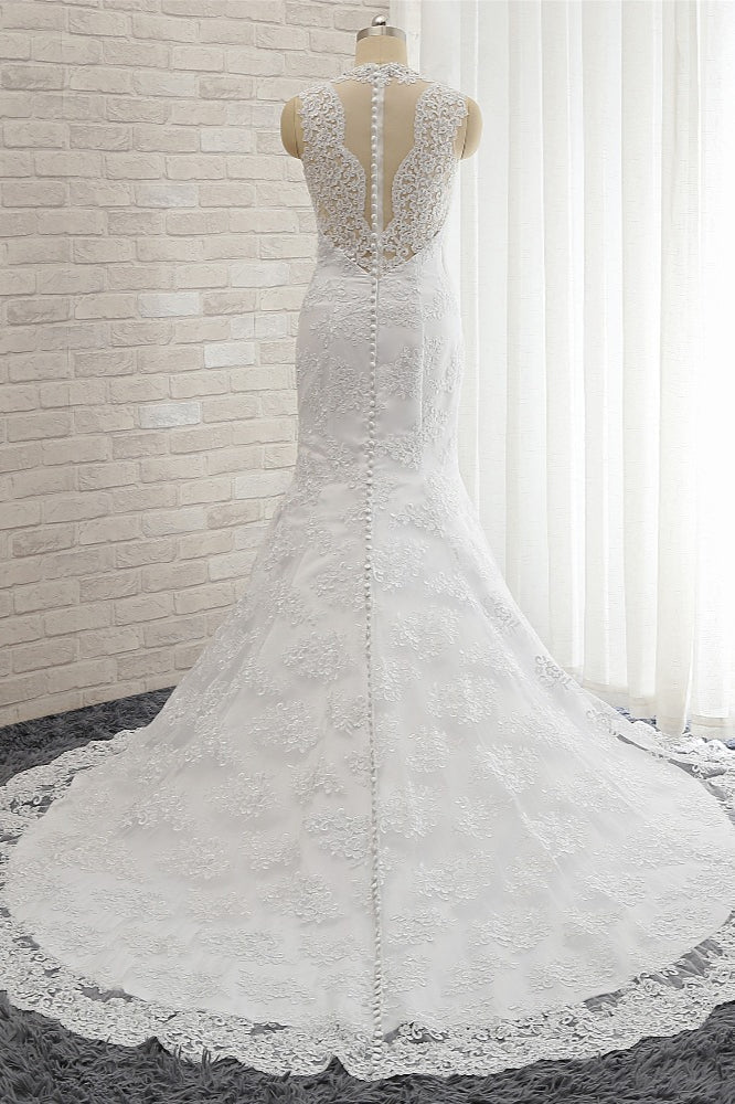 Chic Mermaid V-Neck Lace Wedding Dress Appliques Sleeveless Beadings Bridal Gowns On Sale