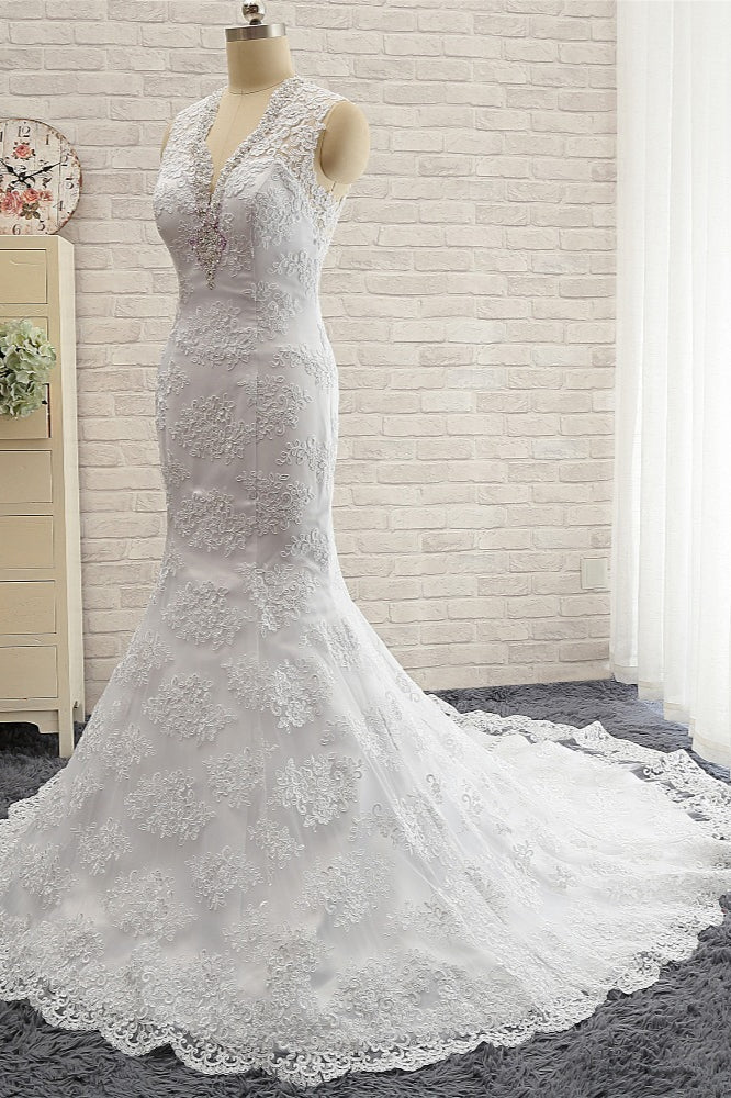 Chic Mermaid V-Neck Lace Wedding Dress Appliques Sleeveless Beadings Bridal Gowns On Sale