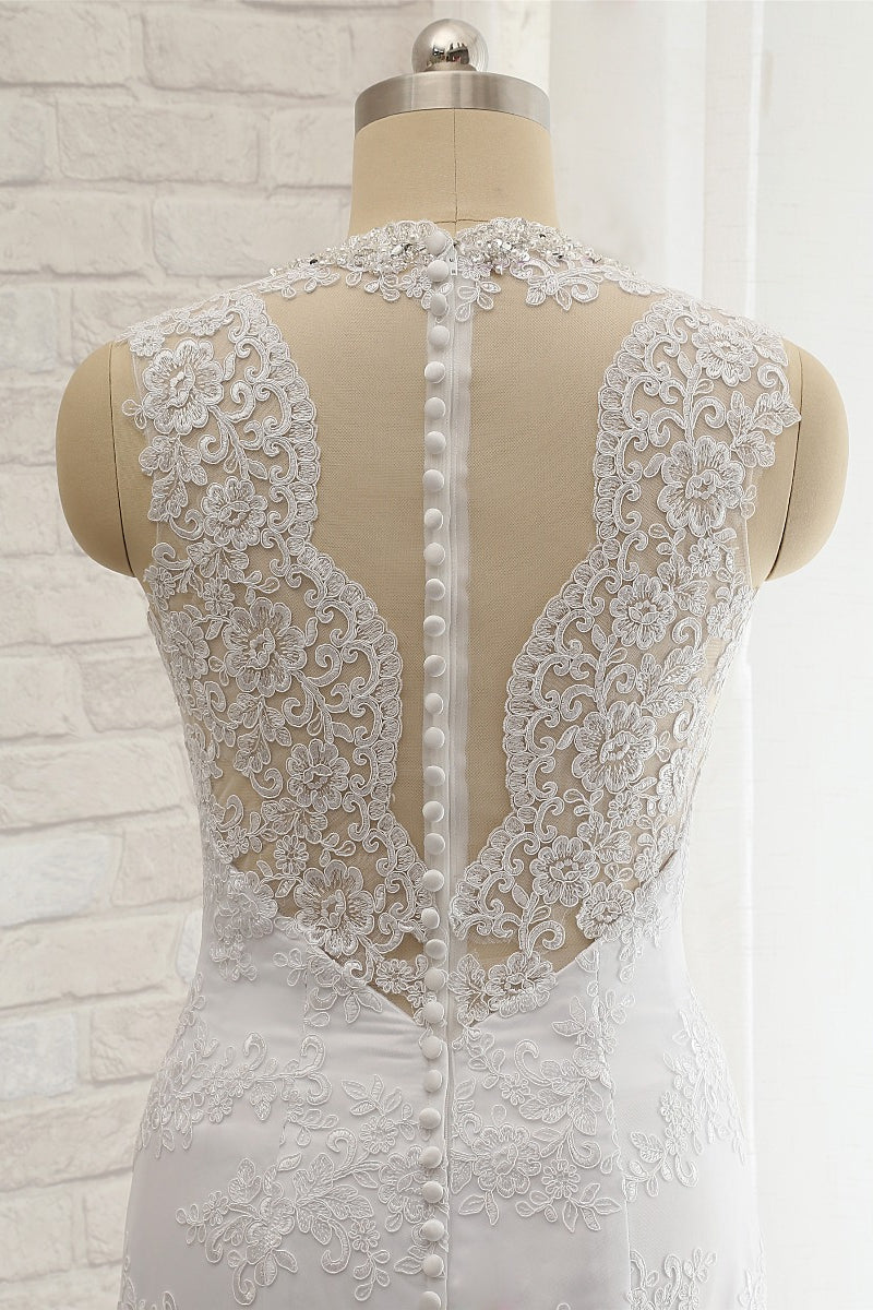 Chic Mermaid V-Neck Lace Wedding Dress Appliques Sleeveless Beadings Bridal Gowns On Sale