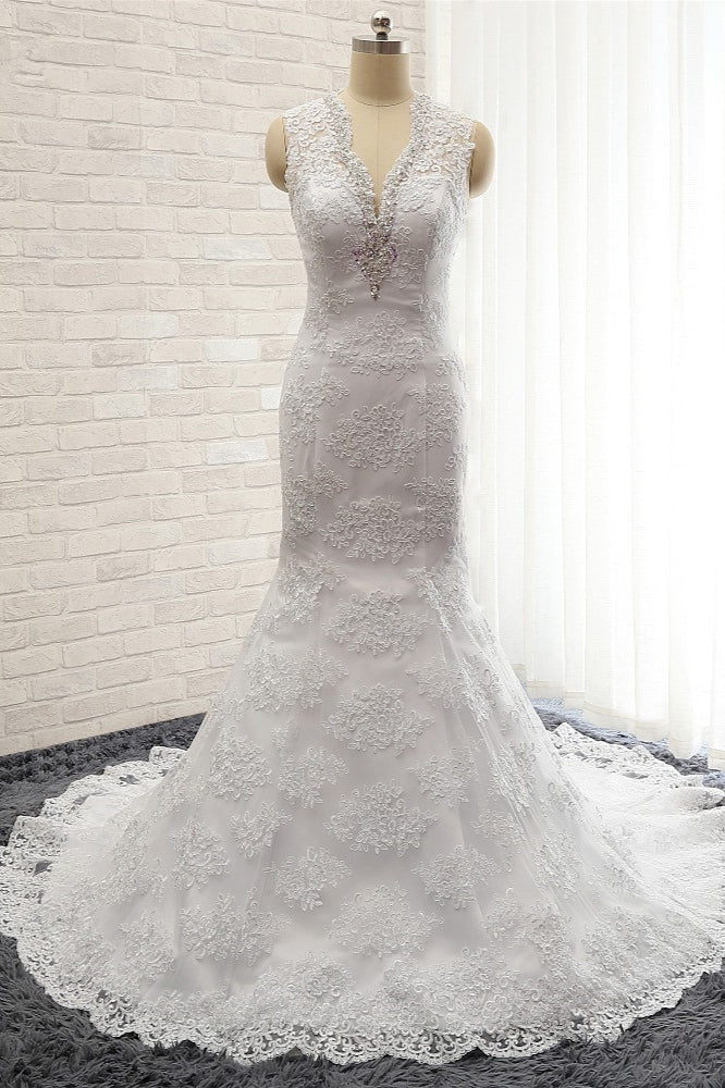 Chic Mermaid V-Neck Lace Wedding Dress Appliques Sleeveless Beadings Bridal Gowns On Sale