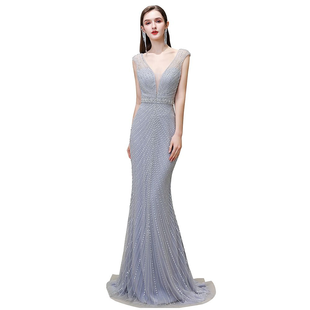 Chic Mermaid V-neck Silver Mermaid Prom Party Gowns