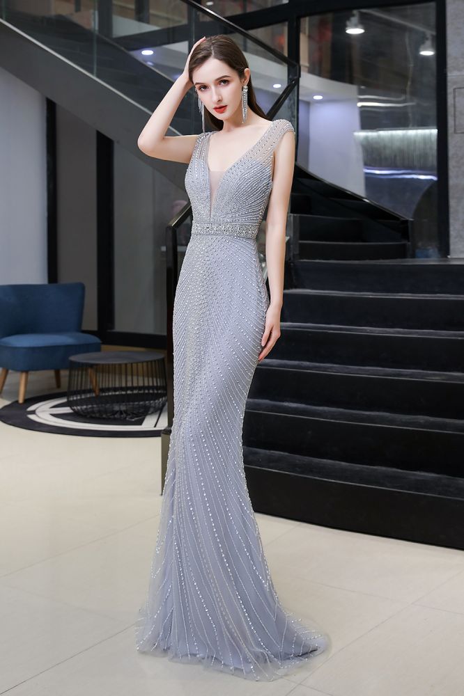 Chic Mermaid V-neck Silver Mermaid Prom Party Gowns