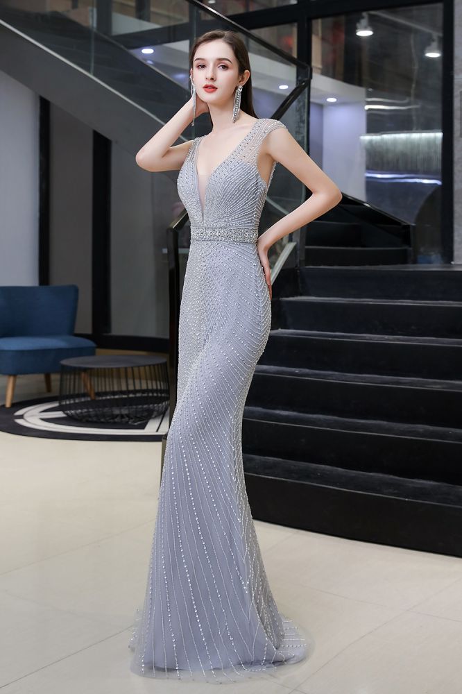 Chic Mermaid V-neck Silver Mermaid Prom Party Gowns