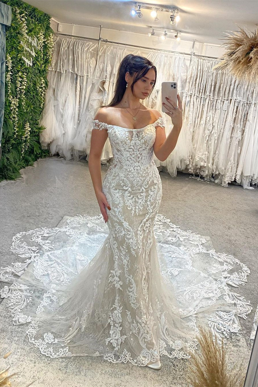 Chic Off-the-Shoulder Sleeveless Mermaid Lace Wedding Dress with Cathedral Train