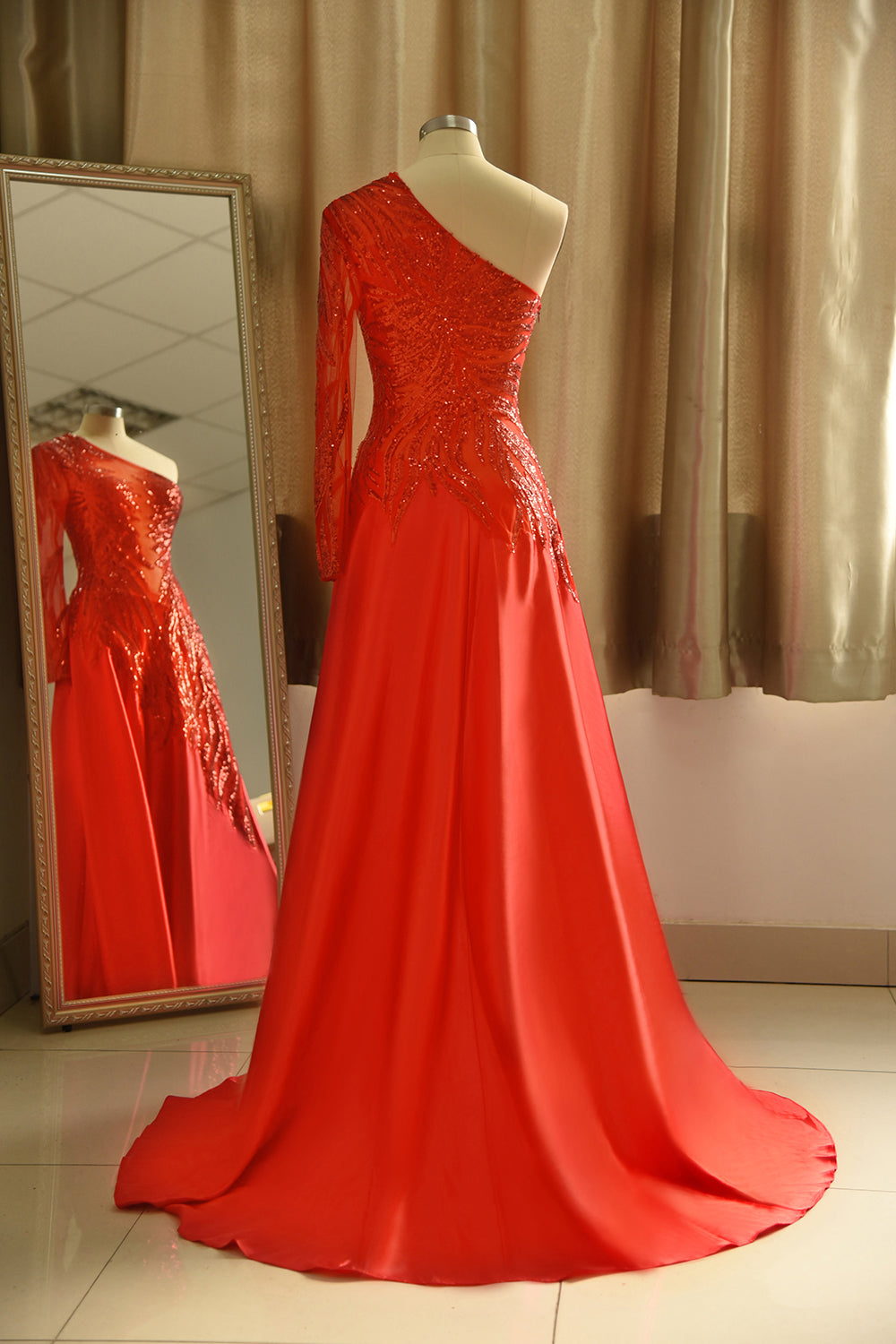 Chic One-Shoulder Red Sequined Prom Dresses One-Sleeve Sexy Party Dress On Sale