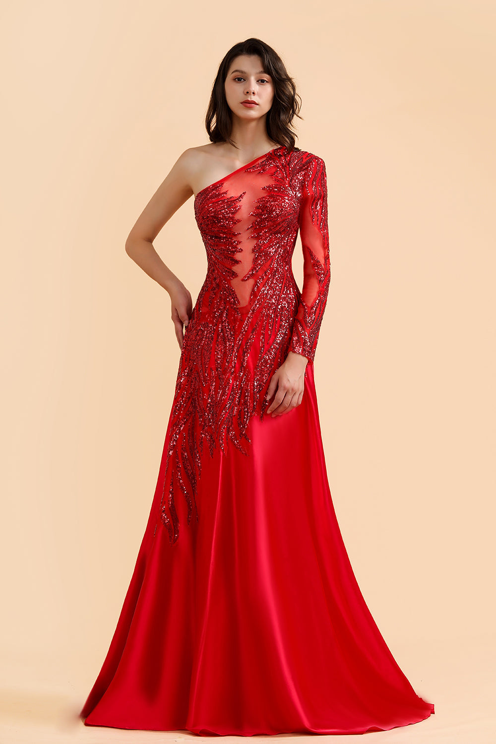 Chic One-Shoulder Red Sequined Prom Dresses One-Sleeve Sexy Party Dress On Sale