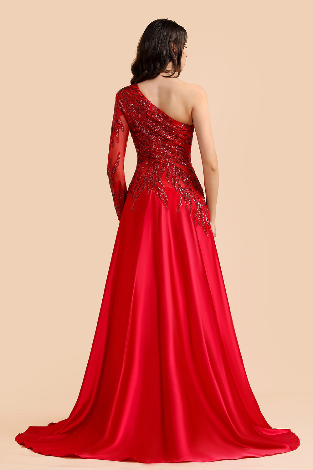 Chic One-Shoulder Red Sequined Prom Dresses One-Sleeve Sexy Party Dress On Sale