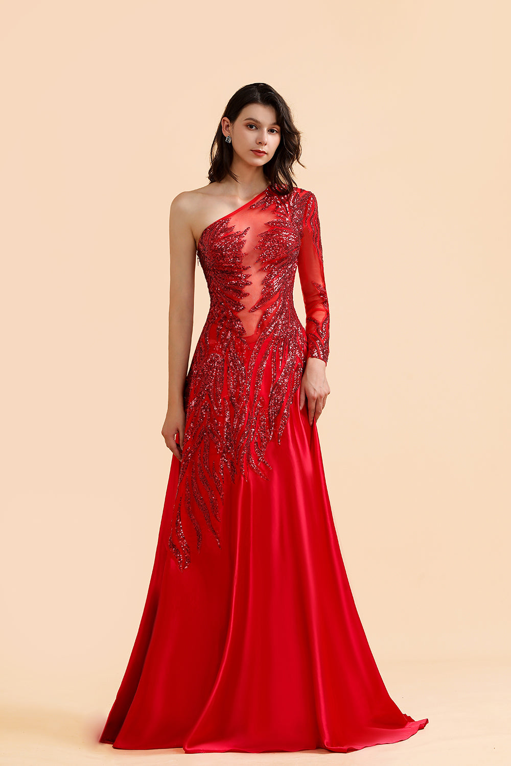 Chic One-Shoulder Red Sequined Prom Dresses One-Sleeve Sexy Party Dress On Sale