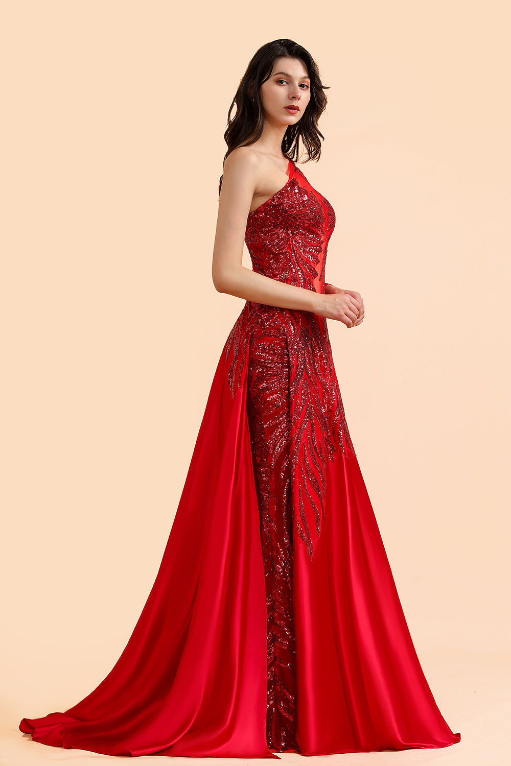 Chic One-Shoulder Red Sequined Prom Dresses One-Sleeve Sexy Party Dress On Sale