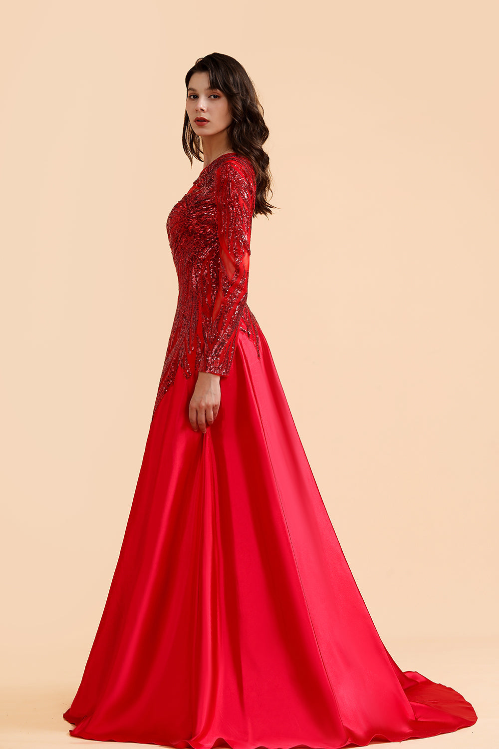 Chic One-Shoulder Red Sequined Prom Dresses One-Sleeve Sexy Party Dress On Sale