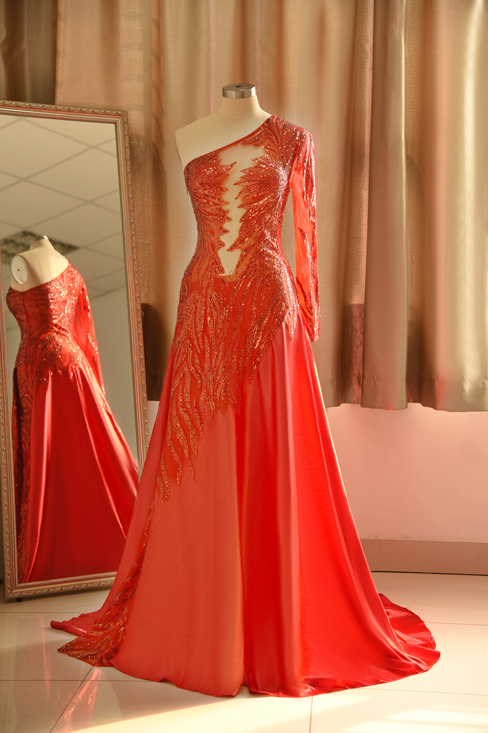 Chic One-Shoulder Red Sequined Prom Dresses One-Sleeve Sexy Party Dress On Sale